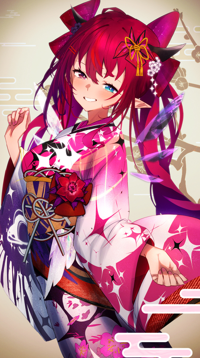 1girl absurdres asymmetrical_wings blue_eyes blush breasts crystal_wings flower getto hair_flower hair_ornament halo heterochromia highres hololive hololive_english horns irys_(hololive) irys_(new_year)_(hololive) japanese_clothes kimono long_hair looking_at_viewer multicolored_clothes multicolored_hair multicolored_kimono official_alternate_costume pointy_ears purple_hair redhead smile solo streaked_hair very_long_hair violet_eyes virtual_youtuber wings