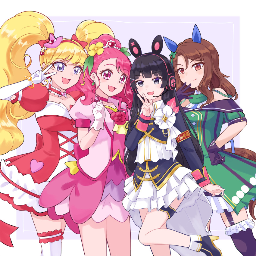 4girls animal_ears asahina_mirai black_gloves black_hair black_thighhighs blonde_hair brown_hair cure_grace cure_miracle cure_miracle_(ruby_style) dress ear_covers elbow_gloves garter_straps gloves green_dress hanadera_nodoka hand_on_own_hip healin'_good_precure highres horse_ears horse_girl horse_tail king_halo_(umamusume) layered_dress looking_at_viewer magical_girl mahou_girls_precure! minu multiple_girls nijisanji official_alternate_costume pink_eyes pink_hair precure puffy_short_sleeves puffy_sleeves short_sleeves simple_background smile tail thigh-highs thigh_strap tsukino_mito tsukino_mito_(13th_costume) twintails umamusume v violet_eyes virtual_youtuber white_gloves