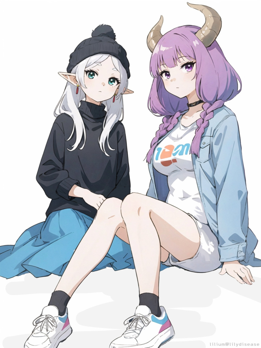 2girls ai-generated alternate_costume arm_support aura_(sousou_no_frieren) black_choker black_socks black_sweater blue_jacket blue_skirt braid breasts casual choker closed_mouth collarbone contemporary demon_girl demon_horns denim denim_jacket earrings elf expressionless frieren green_eyes grey_hair highres horns jacket jewelry knees_together_feet_apart large_breasts lilium(lilydisease) looking_at_viewer low_twin_braids medium_hair multiple_girls pointy_ears pom_pom_beanie purple_hair shoes shorts simple_background sitting skirt sneakers socks sousou_no_frieren sweater twin_braids twintails twitter_username violet_eyes white_background white_footwear white_shorts yokozuwari