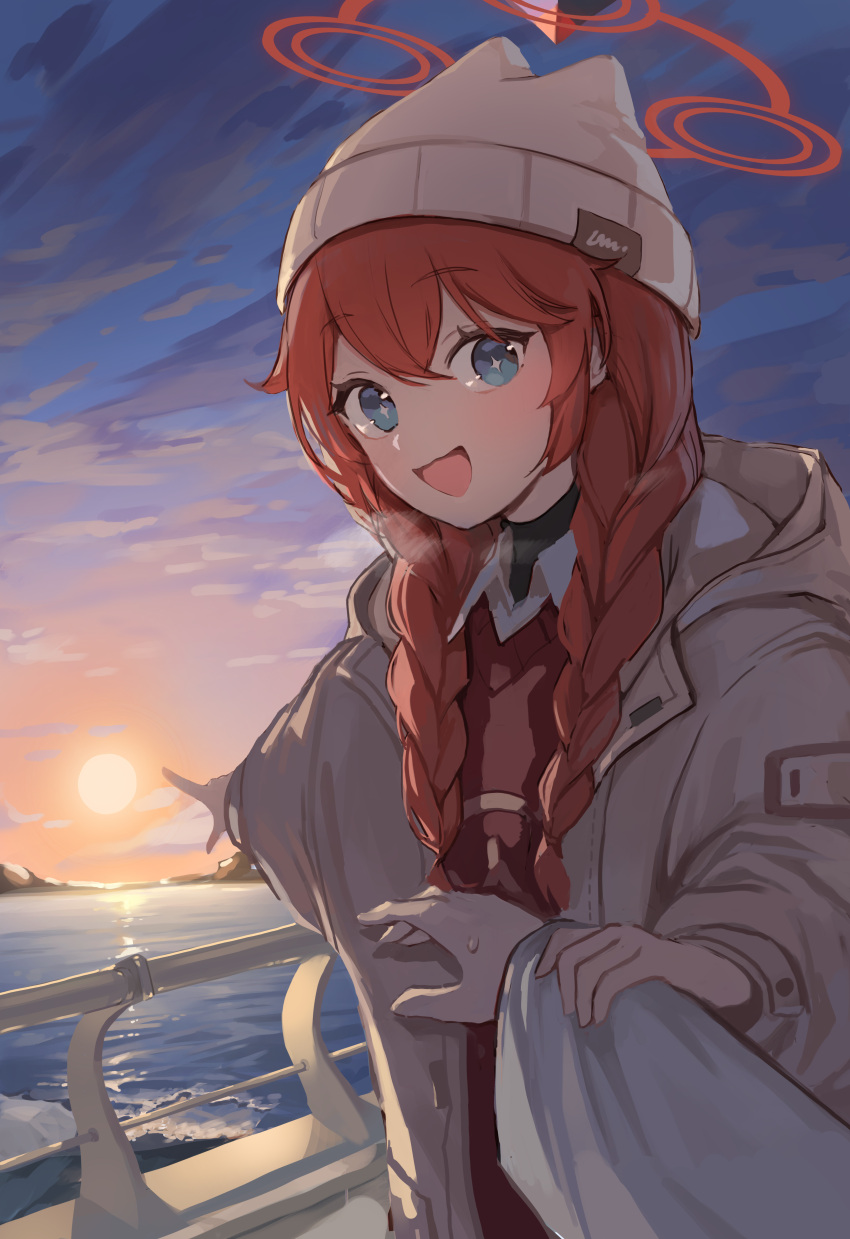 1girl 1other absurdres blue_archive blue_eyes braid brown_shirt collared_shirt grey_headwear grey_jacket hair_between_eyes halo hat highres jacket long_hair long_sleeves maki_(blue_archive) maki_(camp)_(blue_archive) official_alternate_costume official_alternate_hairstyle open_mouth outdoors red_halo redhead seorang shirt smile solo_focus twin_braids white_shirt