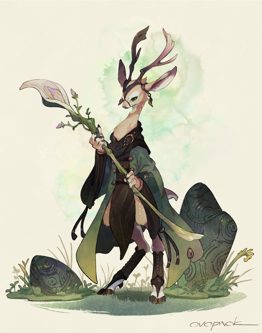 1other androgynous animal_ears antlers artist_name black_scarf body_fur brown_fur cloven_hooves coat commentary deer_ears deer_tail digitigrade expressionless fewer_digits flower from_side full_body furry furry_other grass green_coat green_eyes highres holding holding_staff hooves looking_at_viewer murayama_ryouta original other_focus outdoors pelvic_curtain rock scarf signature simple_background solo staff standing tail wide_sleeves yellow_background