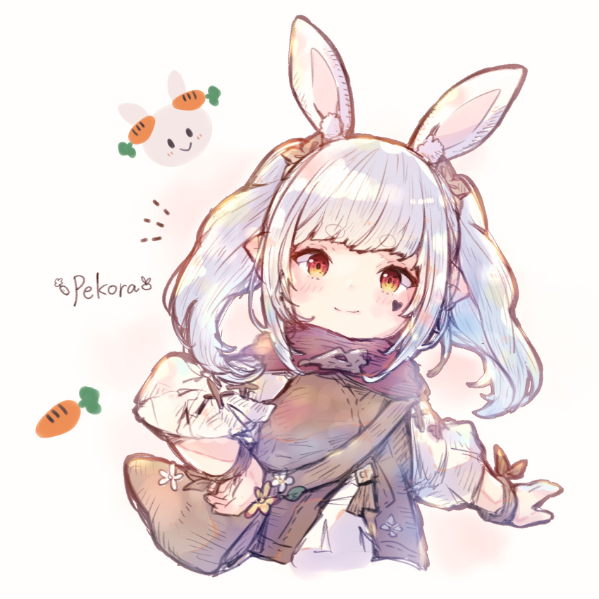 1girl absurdres animal_ears bag bloom brown_scrunchie brown_vest carrot_print character_name closed_mouth cosplay final_fantasy final_fantasy_xiv food_print hair_ribbon hand_on_own_hip heart heart_tattoo highres lalafell light_blush long_bangs looking_at_viewer mokokoiro rabbit_ears red_scarf ribbon scarf scrunchie shirt shoulder_bag simple_background solo tattoo twintails upper_body usada_pekora usada_pekora_(cosplay) vest warrior_of_light_(ff14) white_hair white_shirt wrist_scrunchie
