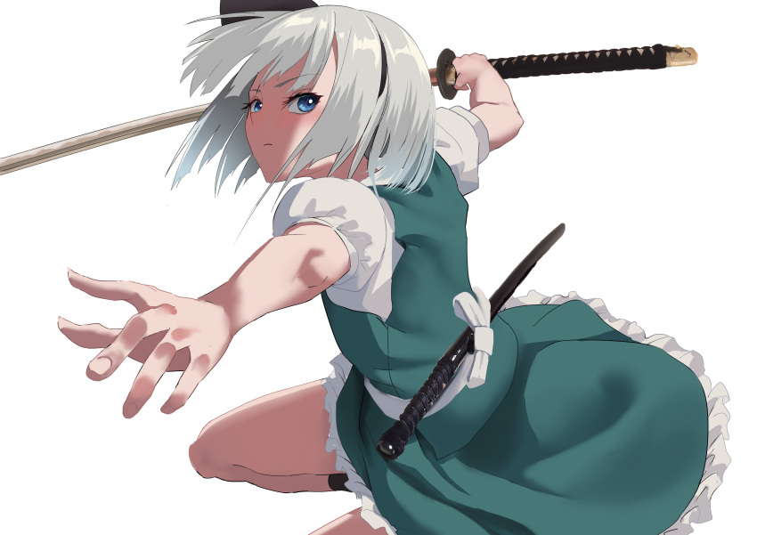 1girl absurdres bob_cut closed_mouth commentary cowboy_shot eyelashes fighting_stance floating_hair foreshortening frilled_skirt frills green_skirt green_vest grey_hair highres holding holding_sword holding_weapon katana knee_up konpaku_youmu looking_at_viewer outstretched_arm puffy_short_sleeves puffy_sleeves serious sheath shirt short_hair short_sleeves simple_background skirt solo sword touhou tsurime v-shaped_eyebrows vest weapon white_background white_shirt yuri_kowashi_(tetsukabuto_nuranura)