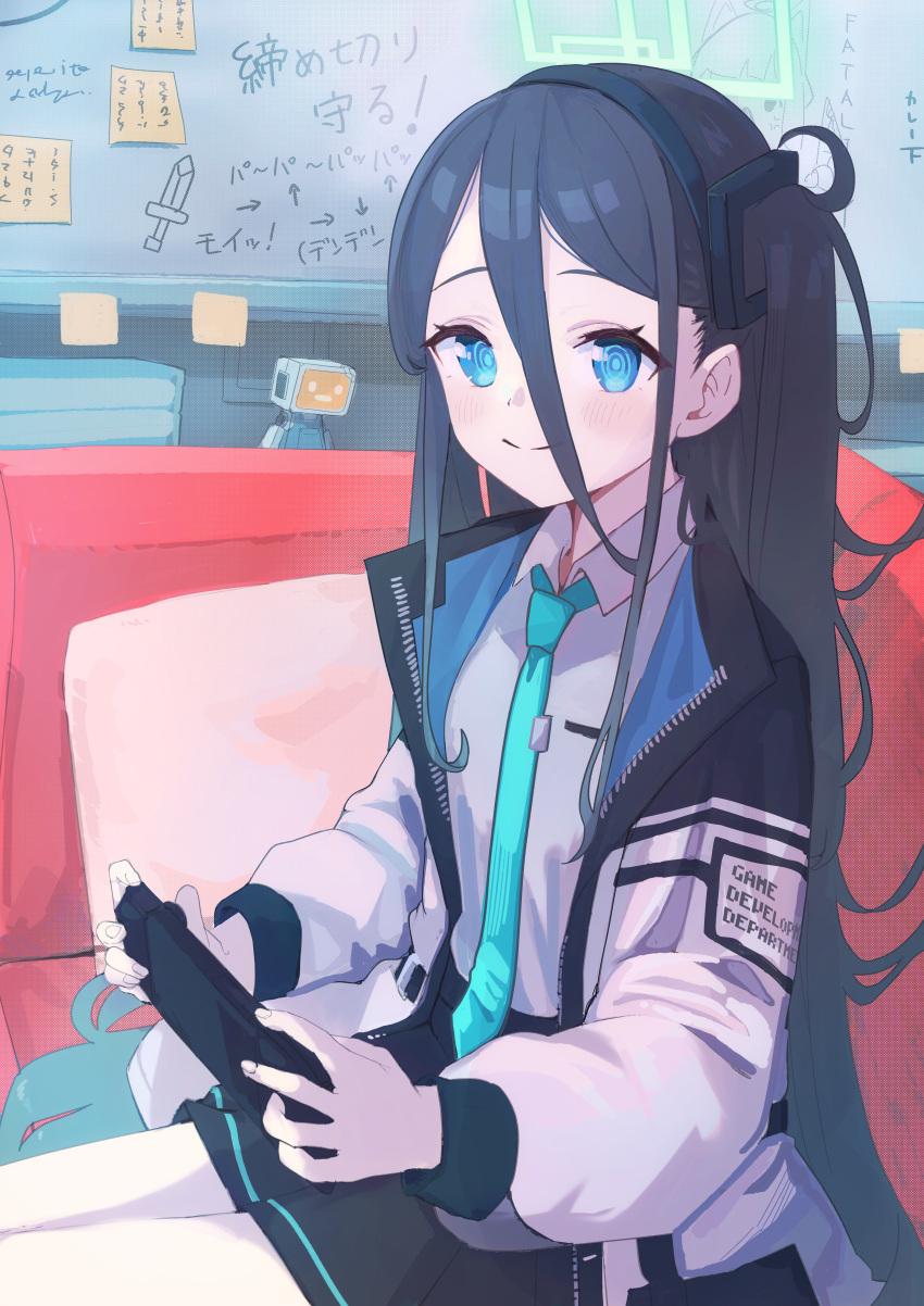 &lt;key&gt;_(robot)_(blue_archive) 1girl absurdly_long_hair absurdres aqua_necktie aris_(blue_archive) black_hair black_hairband black_skirt blue_archive blue_eyes closed_mouth collared_shirt green_halo hairband halo handheld_game_console highres holding holding_handheld_game_console indoors jacket long_hair long_sleeves necktie one_side_up open_clothes open_jacket p2p2hifumi ringed_eyes shirt skirt smile solo very_long_hair white_jacket white_shirt