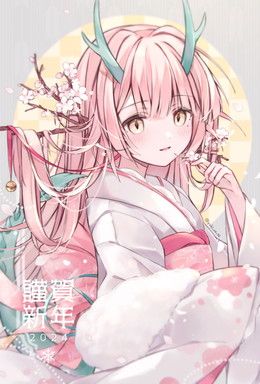 1girl 2024 absurdres back_bow bell blush bow branch cherry_blossoms chinese_zodiac dragon_girl dragon_horns dragon_tail falling_petals floral_print floral_print_kimono flower full_moon green_ribbon hair_between_eyes hair_branch highres holding holding_flower horns japanese_clothes jingle_bell kimono light_smile long_hair looking_at_viewer mole mole_under_eye moon obi original petals pink_bow pink_hair pink_ribbon pink_sash ribbon sash sidelocks slit_pupils snowflakes solo tail thick_eyelashes twitter_username white_kimono year_of_the_dragon yellow_eyes yuki_no_42