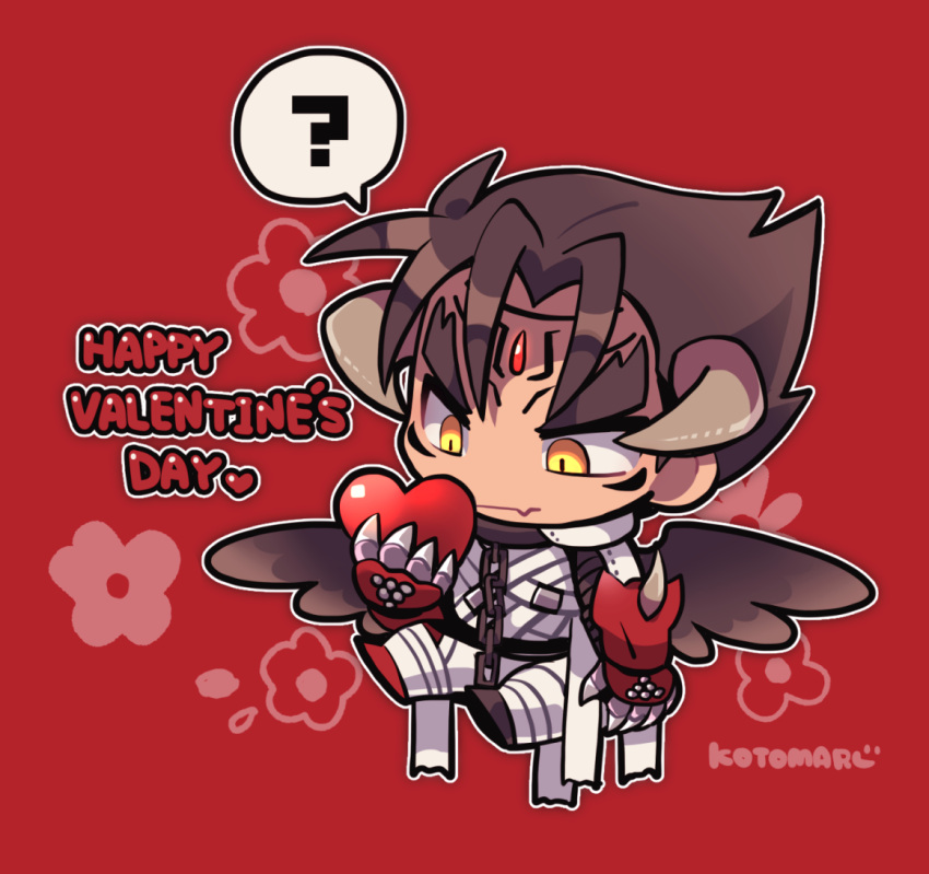 1boy ? bandages black_hair black_wings chain chibi closed_mouth devil_jin facial_mark fang forehead_jewel gloves grey_horns happy_valentine heart holding holding_heart horns kazama_jin kotorai looking_at_object male_focus no_nose red_background red_gloves short_hair signature skin_fang slit_pupils speech_bubble spoken_question_mark tekken thick_eyebrows v-shaped_eyebrows wings yellow_eyes