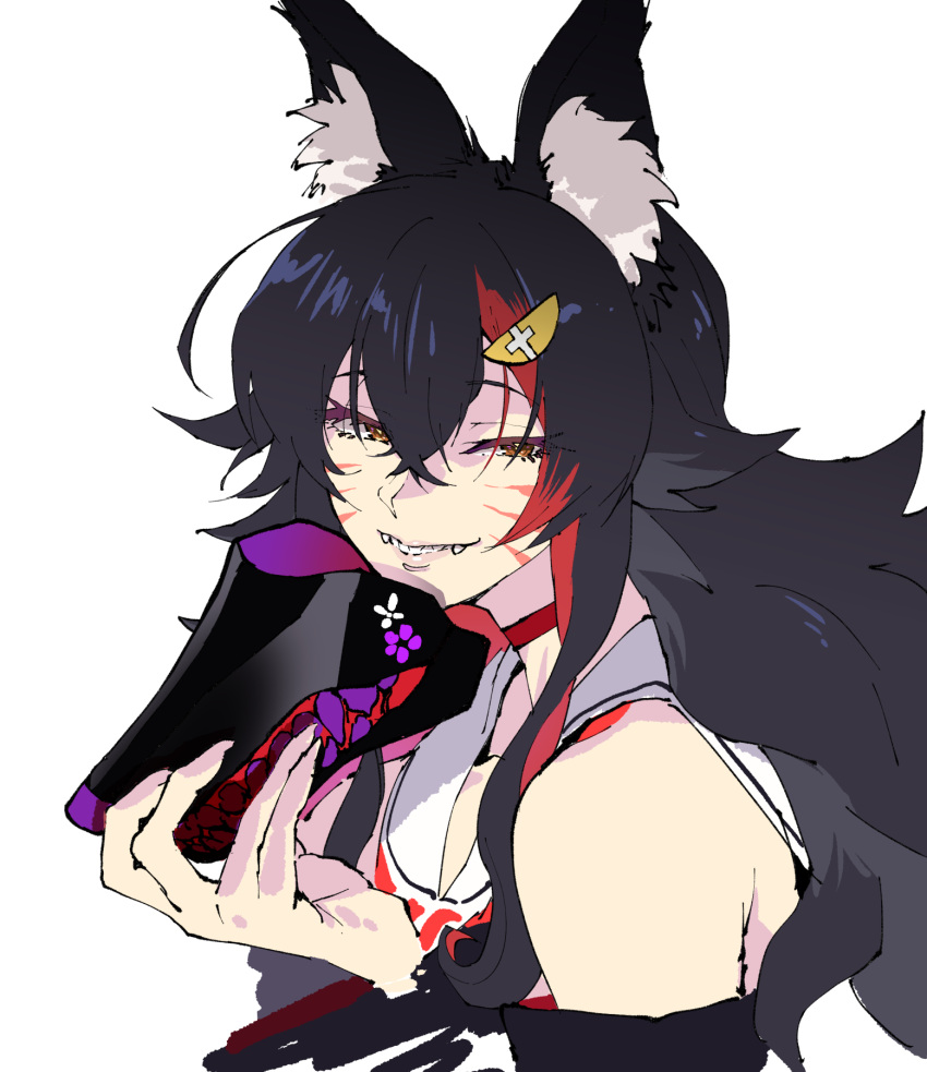 1girl animal_ear_fluff animal_ears black_hair choker closed_mouth commentary detached_sleeves double-parted_bangs facial_mark fangs fingernails hair_between_eyes hair_ornament half-closed_eyes henriiku_(ahemaru) highres holding holding_mask hololive long_hair looking_at_viewer mask multicolored_hair ookami_mio ookami_mio_(1st_costume) orange_eyes red_choker redhead sailor_collar sharp_fingernails sidelocks simple_background solo streaked_hair teeth two-tone_hair upper_body virtual_youtuber whisker_markings white_background wolf_ears wolf_girl