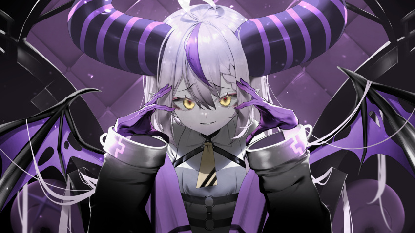 1girl ahoge black_coat black_horns braid braided_bangs chest_harness coat commentary demon_girl demon_horns demon_lord_(vocaloid) demon_wings double-parted_bangs dress evil_smile eyeliner gloves grey_dress grey_hair hands_on_own_cheeks hands_on_own_face harness highres hololive horns huge_horns inumata_ichini la+_darknesss la+_darknesss_(1st_costume) limited_palette long_hair long_sleeves looking_at_viewer makeup multicolored_hair neckerchief o-ring o-ring_top official_art pointy_ears purple_gloves purple_hair red_eyeliner sleeveless sleeveless_dress slit_pupils smile solo streaked_hair striped_horns torn_wings upper_body very_long_hair virtual_youtuber wings yellow_eyes yellow_neckerchief