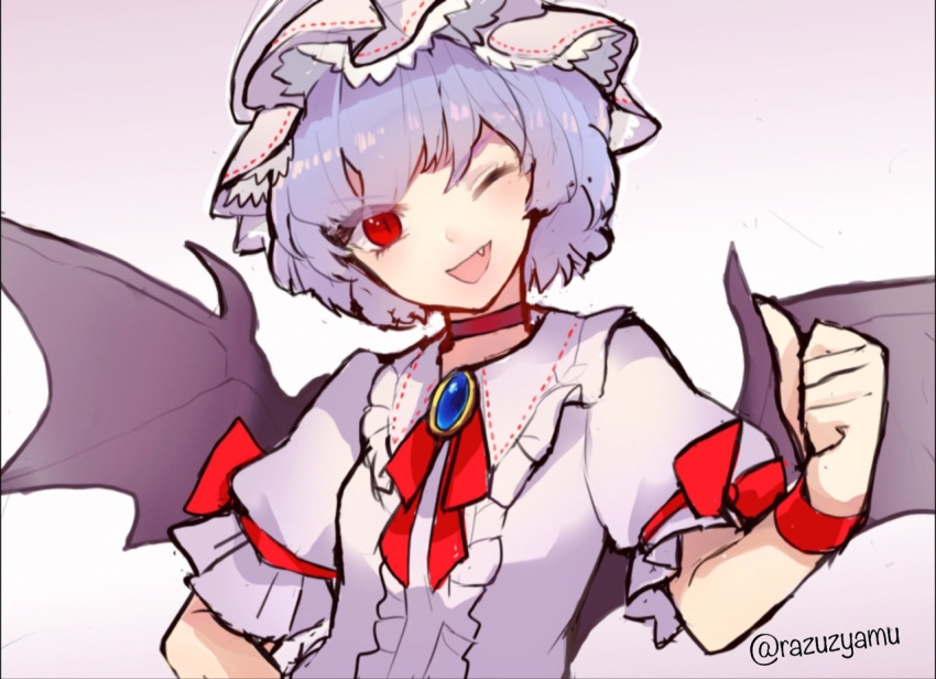 1girl bat_wings blue_hair bow breasts choker fang hat looking_at_viewer mob_cap one_eye_closed razuzyamu red_bow red_choker red_eyes remilia_scarlet shirt short_hair short_sleeves simple_background small_breasts smile thumbs_up touhou white_shirt wings