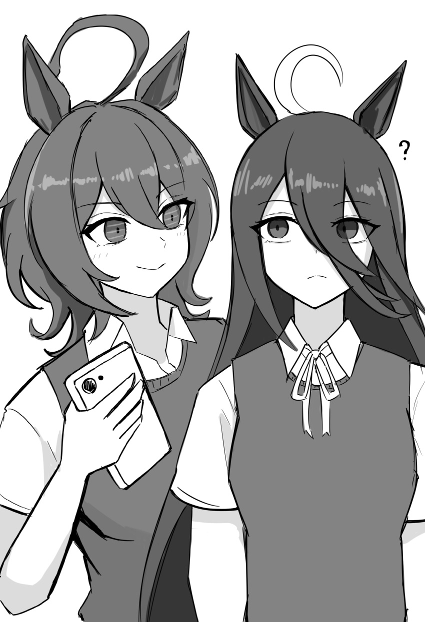 2girls absurdres agnes_tachyon_(umamusume) ahoge animal_ears black_hair blush breasts cellphone collared_shirt commentary_request greyscale grin hair_between_eyes hand_on_another's_arm highres holding holding_phone horse_ears horse_girl long_hair manhattan_cafe_(umamusume) medium_breasts miya_nns35 monochrome multicolored_hair multiple_girls open_mouth phone shirt short_sleeves side-by-side simple_background smartphone smile streaked_hair sweater_vest umamusume upper_body very_long_hair white_background white_shirt