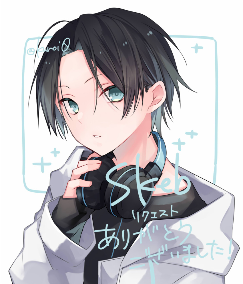 1boy black_hair black_shirt blue_eyes commission copyright_request grey_jacket hand_on_headphones headphones headphones_around_neck highres hood hood_down hooded_jacket jacket kuroi_(liar-player) long_sleeves looking_at_viewer male_focus open_clothes open_jacket parted_bangs parted_lips puffy_long_sleeves puffy_sleeves shirt skeb_commission sleeves_past_wrists solo upper_body white_background