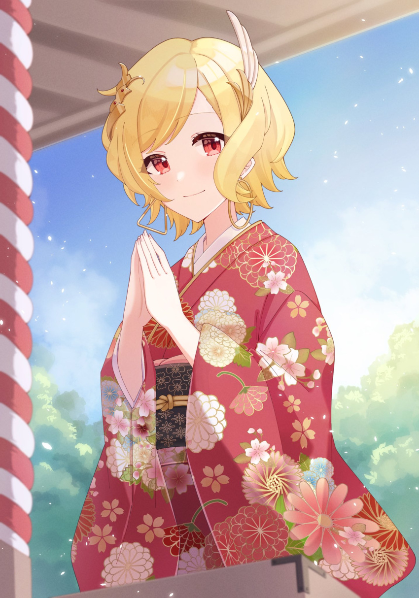 1girl blonde_hair brast47600296 citrinne_(fire_emblem) closed_mouth earrings fire_emblem fire_emblem_engage floral_print highres japanese_clothes jewelry kimono long_sleeves looking_at_viewer own_hands_together red_eyes red_kimono short_hair smile solo wide_sleeves