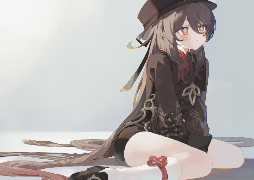 1girl absurdres between_legs black_coat black_footwear black_headwear black_shorts bright_pupils brown_hair chinese_clothes closed_mouth coat coattails collared_coat flower flower-shaped_pupils genshin_impact hair_between_eyes hand_between_legs hat highres hu_tao_(genshin_impact) kanase_(mcbrwn18) long_hair long_sleeves looking_ahead plum_blossoms porkpie_hat red_eyes red_shirt shirt shorts sitting solo symbol-shaped_pupils thigh-highs very_long_hair wariza white_pupils white_thighhighs