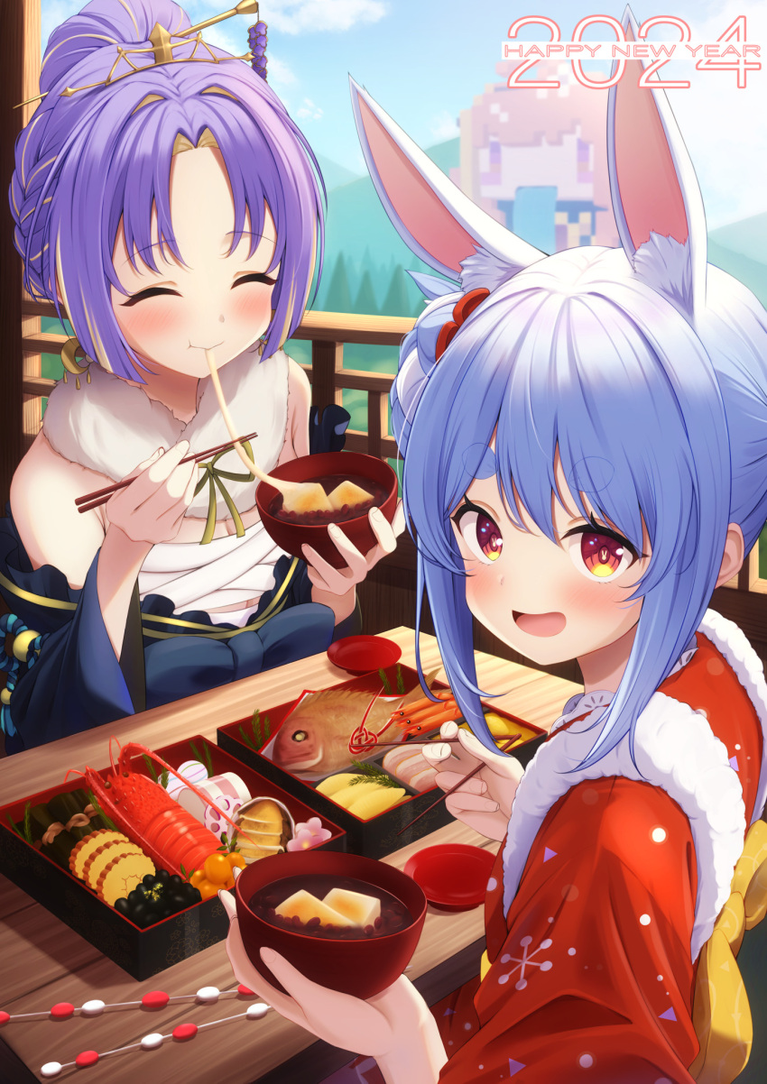 2024 2girls :d animal_ears blonde_hair blue_hair blue_sky blush chest_sarashi chopsticks closed_eyes colored_inner_hair crescent crescent_earrings cup day earrings eating fish fur_collar happy_new_year highres hololive hololive_indonesia jewelry kaigan kiryu_coco lobster looking_at_viewer looking_back minecraft moona_hoshinova moona_hoshinova_(new_year) multicolored_hair multiple_girls nengajou new_year purple_hair rabbit-shaped_pupils rabbit_ears rabbit_girl red_eyes sakazuki sarashi short_eyebrows sky smile symbol-shaped_pupils table thick_eyebrows usada_pekora usada_pekora_(new_year) variant_set virtual_youtuber