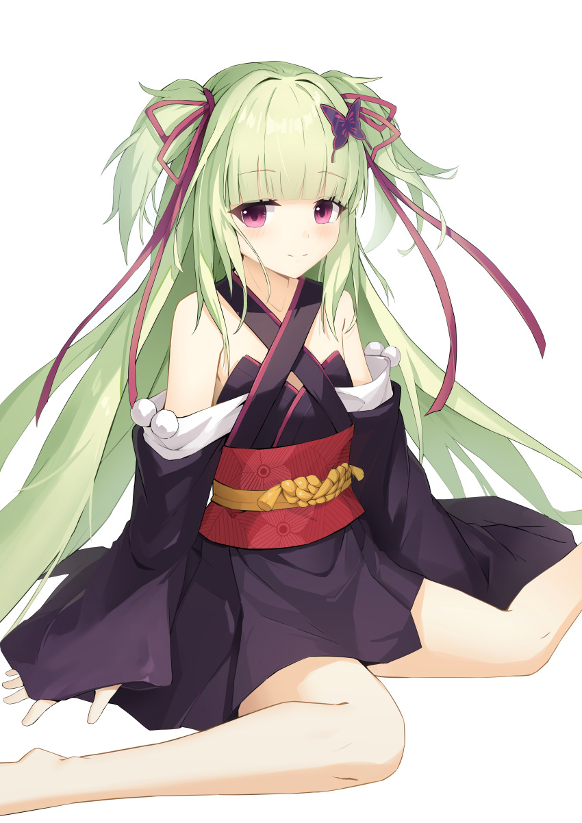 1girl absurdres bare_shoulders black_kimono blunt_bangs blush breasts butterfly_hair_ornament chinese_commentary closed_mouth commentary criss-cross_halter detached_sleeves eyes_visible_through_hair feet_out_of_frame fengxue floating_hair floral_print green_hair hair_ornament hair_ribbon halterneck highres hime_cut japanese_clothes kimono long_hair long_ribbon long_sleeves looking_at_viewer murasame_(senren) pom_pom_(clothes) red_eyes red_ribbon red_sash ribbon sash senren_banka short_kimono sidelocks simple_background sitting small_breasts smile solo split_mouth straight_hair two_side_up very_long_hair wariza white_background wide_sleeves