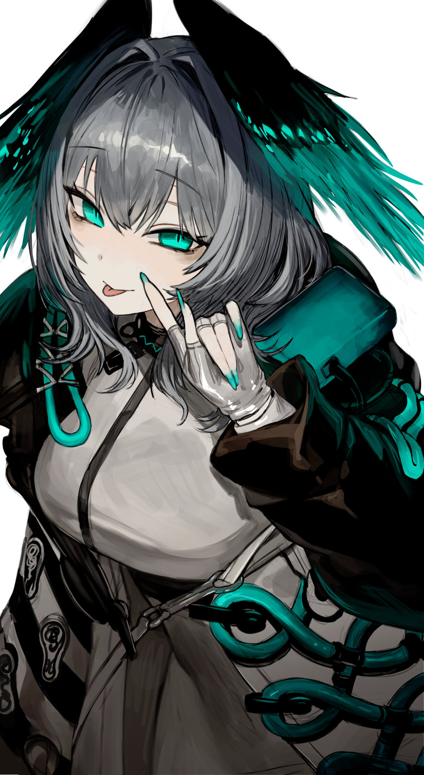 1girl absurdres aqua_eyes arknights black_coat breasts coat dress feathered_wings fingerless_gloves gloves grey_gloves grey_hair hair_between_eyes head_wings highres ho'olheyak_(arknights) large_breasts long_sleeves looking_at_viewer nail_polish open_clothes open_coat p_(pm_611a) simple_background solo tongue tongue_out two-tone_wings white_background wings