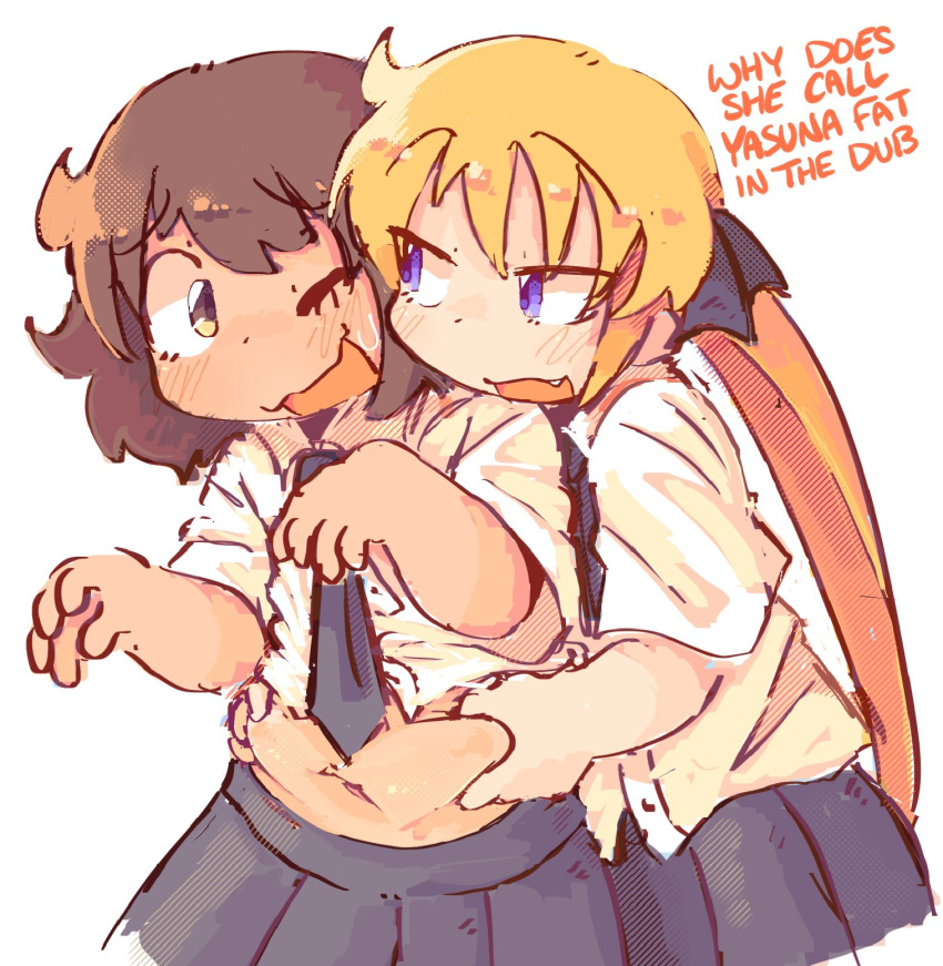 2girls belly black_necktie blonde_hair blush brown_eyes brown_hair english_text fang grabbing grabbing_from_behind hands_on_another's_waist highres hug hug_from_behind kill_me_baby looking_at_another multiple_girls necktie one_eye_closed oribe_yasuna pinching poppos school_uniform sketch sonya_(kill_me_baby) sweatdrop twintails violet_eyes white_background yuri