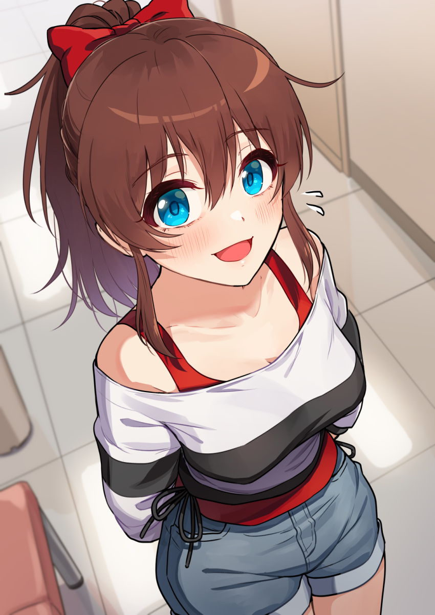 1girl aqua_eyes arms_behind_back bare_shoulders blue_shorts blush bow breasts brown_hair collarbone commentary_request denim denim_shorts flying_sweatdrops hair_bow highres idolmaster idolmaster_million_live! indoors kamille_(vcx68) long_sleeves looking_at_viewer medium_breasts medium_hair off-shoulder_shirt off_shoulder open_mouth ponytail red_bow red_tank_top revision satake_minako shirt short_shorts shorts smile solo standing striped striped_shirt tank_top tile_floor tiles white_shirt
