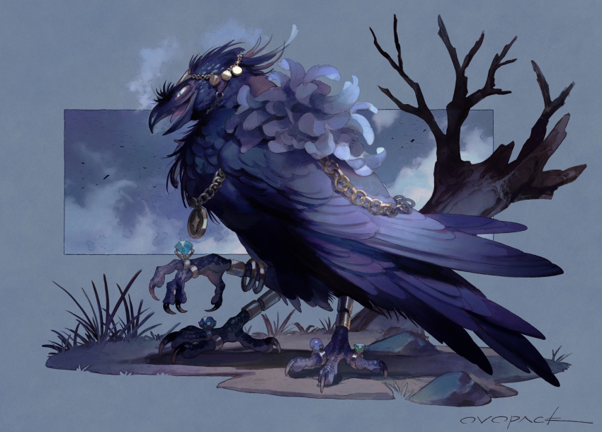 animal animal_focus artist_name bare_tree beak bird bracelet chain_necklace circlet claws clouds commentary crow extra_legs fantasy from_side full_body grass highres jewelry murayama_ryouta necklace no_humans open_mouth original outdoors ring rock signature slit_pupils solo talons tree yatagarasu