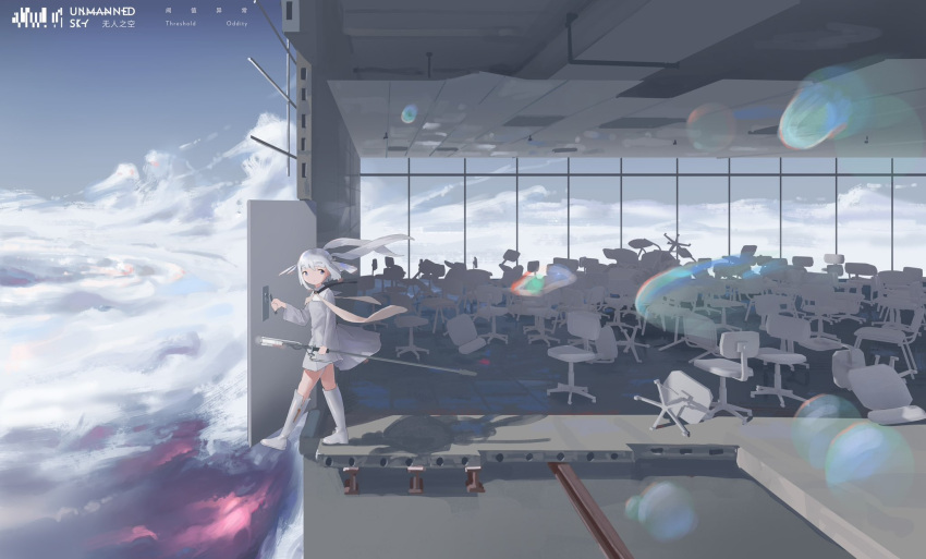 1girl blue_sky chair clouds construction highres lefko_d lens_flare light_rays office_chair open_door original sky solo structure sunbeam sunlight swivel_chair white_hair