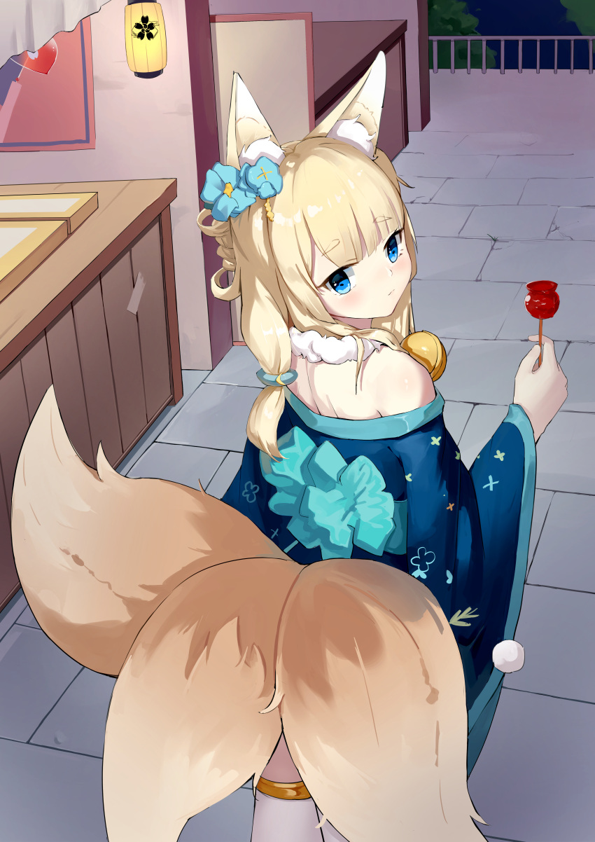 1girl absurdres animal_ear_fluff animal_ears aqua_flower azur_lane back bare_shoulders bell blue_eyes blue_kimono blush candy_apple chinese_commentary closed_mouth commentary_request cowboy_shot fengxue floral_print flower food fox_ears fox_girl fox_tail from_behind hair_flower hair_ornament hand_up highres japanese_clothes jingle_bell kimono long_hair long_sleeves looking_at_viewer looking_back niizuki_(azur_lane) outdoors solo standing summer_festival tail thick_eyebrows wide_sleeves