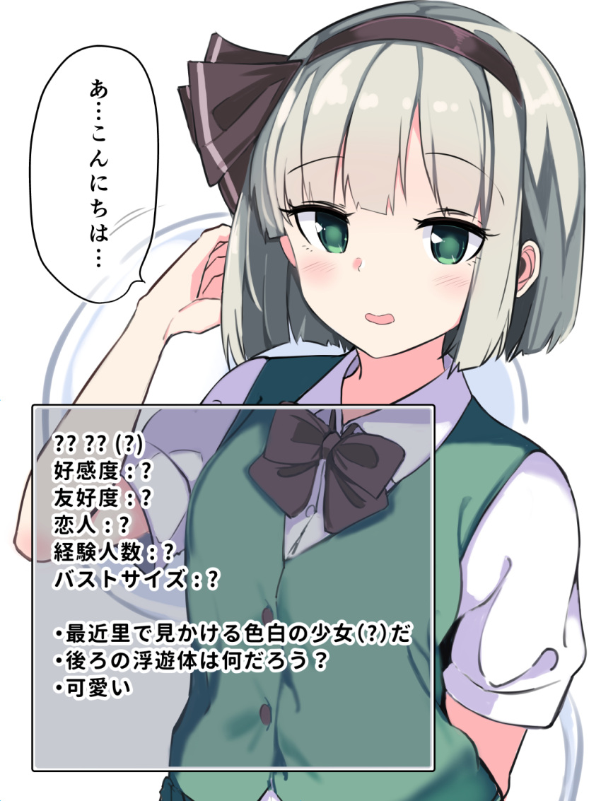1girl arm_behind_back black_bow black_bowtie black_hairband blush bob_cut bow bowtie collared_shirt commentary_request eyelashes fuji_norihiro green_eyes green_hair green_vest hair_bow hairband hand_up highres konpaku_youmu konpaku_youmu_(ghost) looking_at_viewer open_mouth partial_commentary shirt short_hair short_sleeves shy simple_background solo speech_bubble touhou translated upper_body vest white_background white_shirt