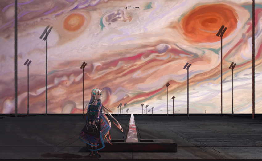 1girl absurdres architecture boots carrying_bag highres jupiter_(planet) lefko_d long_hair original science_fiction solar_panel solar_system white_hair