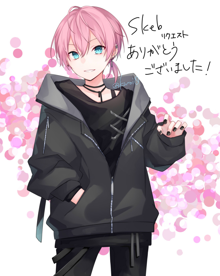 black_jacket black_nails black_pants black_shirt blue_eyes commission copyright_request ear_piercing earrings hair_between_eyes hand_in_own_hair highres jacket jewelry kuroi_(liar-player) long_sleeves looking_at_viewer nail_polish pants piercing pink_hair puffy_long_sleeves puffy_sleeves shirt skeb_commission sleeves_past_wrists smile solo standing translation_request twitter_username white_background