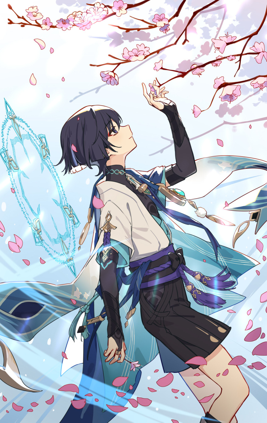 1boy black_bow black_hair black_shirt black_shorts blue_cape blunt_ends bow branch bridal_gauntlets cape closed_mouth commentary_request eyeshadow flower genshin_impact hair_between_eyes hand_up hei_lang highres holding holding_flower jacket looking_up makeup male_focus open_clothes open_jacket petals pink_flower pom_pom_(clothes) profile purple_sash red_eyeshadow rope sash scaramouche_(genshin_impact) shirt short_hair short_sleeves shorts smile solo tassel violet_eyes vision_(genshin_impact) wanderer_(genshin_impact) white_jacket wide_sleeves wind