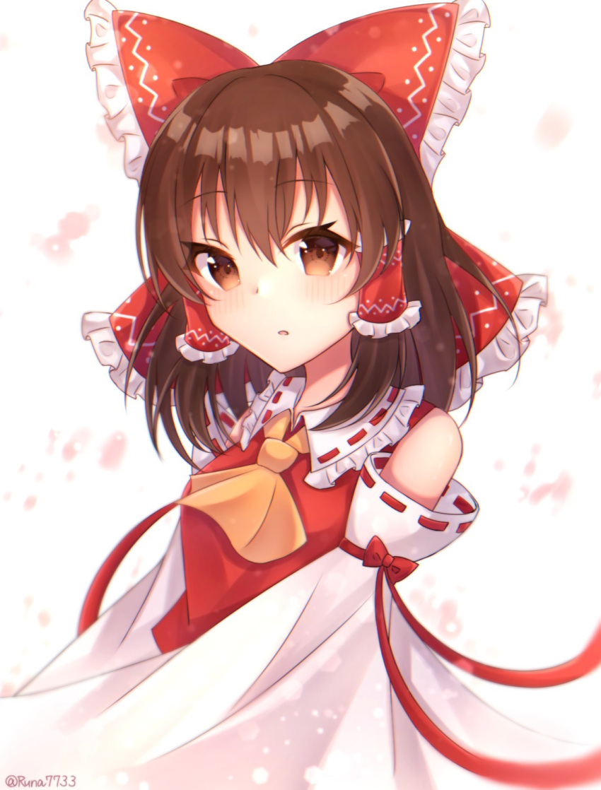 1girl ascot blush bow breasts brown_eyes brown_hair collared_shirt detached_sleeves frilled_bow frilled_hair_tubes frilled_shirt_collar frills hair_between_eyes hair_bow hair_tubes hakurei_reimu highres large_bow looking_at_viewer medium_hair open_mouth red_bow red_ribbon red_shirt ribbon ribbon-trimmed_sleeves ribbon_trim runa_(runa7733) shirt simple_background sleeveless sleeveless_shirt small_breasts solo touhou upper_body white_background wide_sleeves yellow_ascot