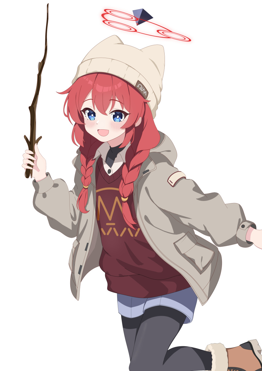 1girl absurdres baozi_9527 black_pantyhose blue_archive blue_eyes braid brown_footwear brown_shirt collared_shirt grey_headwear grey_jacket grey_shorts hair_between_eyes halo hat highres holding jacket long_hair long_sleeves maki_(blue_archive) maki_(camp)_(blue_archive) official_alternate_costume official_alternate_hairstyle open_clothes open_jacket open_mouth pantyhose red_halo redhead shirt shoes shorts smile solo twin_braids white_shirt