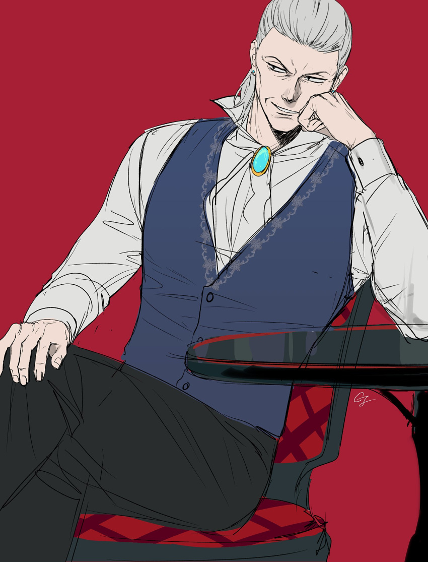 1boy ace_attorney ascot black_pants blue_vest brooch buttons chair cheekbones collared_shirt evil_grin evil_smile fingernails grin gwiga0 hand_on_own_knee highres jewelry looking_to_the_side male_focus manfred_von_karma old old_man pants red_background shirt short_hair signature simple_background smile solo table vest white_ascot white_hair white_shirt