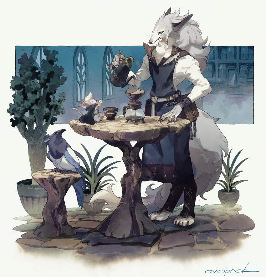 1boy animal animal_ears apron artist_name belt belt_pouch bird black_cloak black_pants blue_apron body_fur border braid cloak commentary cup digitigrade drinking fantasy from_side full_body furry furry_male grey_eyes grey_fur highres holding holding_cup holding_teapot indoors long_sleeves male_focus mouse murayama_ryouta original outside_border pants plant potted_plant pouch pouring shirt side_braid signature single_braid sitting size_difference smile standing stone_floor stool table tail teapot toeless_legwear white_shirt window wolf_boy wolf_ears wolf_tail yellow_border