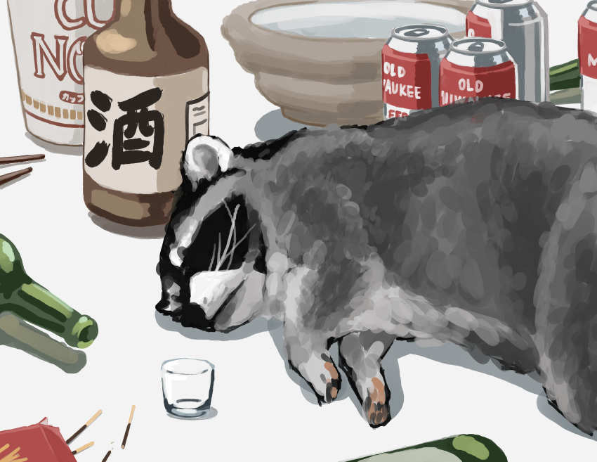 1other absurdres animal artist_self-reference beer_bottle beer_can can cup_noodle drink_can glass highres original raccoon sleeping trashpanda_11b
