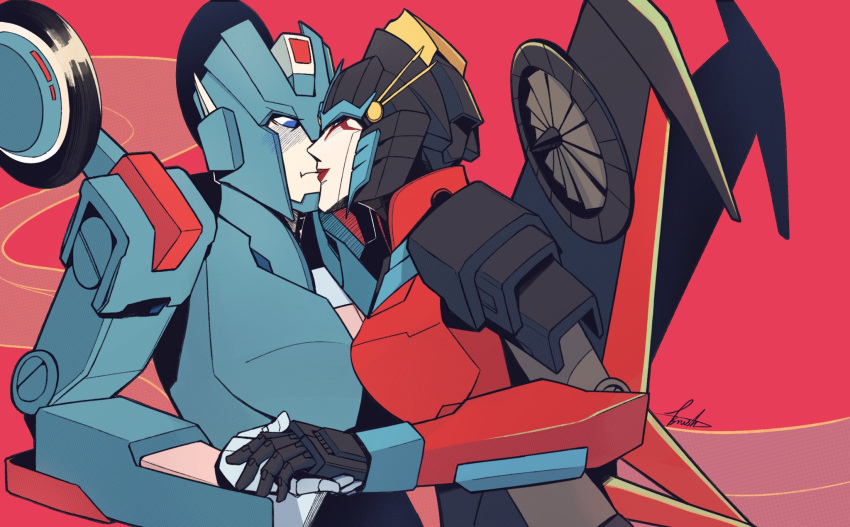 1girl android blue_eyes breasts brush_(brush2h) chromia colored_skin commentary commission english_commentary helmet highres holding_hands humanoid_robot kiss mechanical_wings medium_breasts red_lips robot robot_girl transformers windblade wings yuri