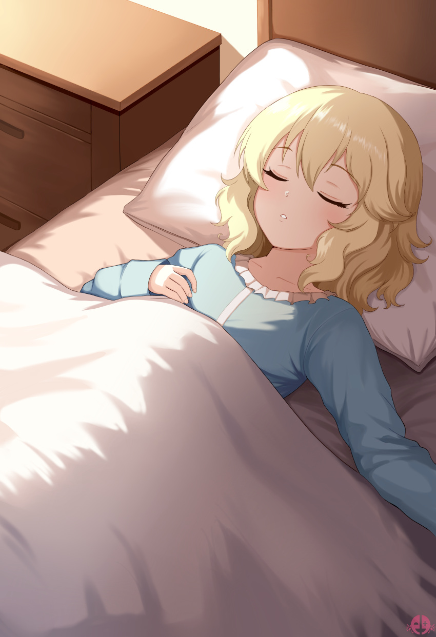 1girl absurdres bed bedroom blanket blonde_hair blue_pajamas cabinet closed_eyes commentary_request english_commentary hair_between_eyes head_on_pillow highres idolmaster idolmaster_cinderella_girls idolmaster_cinderella_girls_u149 long_sleeves lying mixed-language_commentary mrhunking nightstand on_back pajamas parted_lips pillow sakurai_momoka short_hair signature sleeping solo under_covers