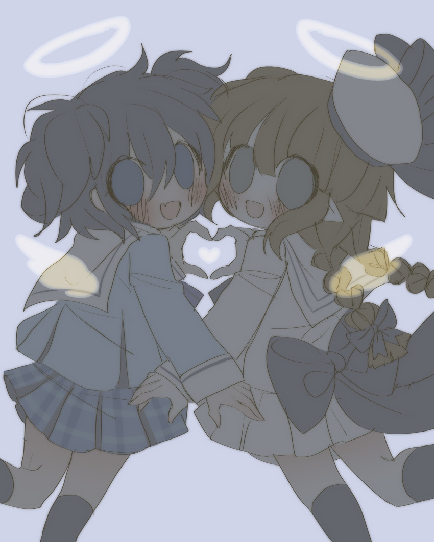 2girls :d absurdres angel angel_wings black_thighhighs blue_bow blue_eyes blue_hair blue_serafuku blue_skirt blush bow braid brown_hair character_request colored_skin copyright_request crossover dress funamusea grey_eyes hair_bow halo hat heart heart_hands heart_hands_duo highres light_blue_background looking_at_viewer multiple_girls oounabara_to_wadanohara open_mouth petite plaid plaid_skirt pleated_skirt pointy_ears q7g7q sailor_collar sailor_dress sailor_hat school_uniform serafuku short_twintails simple_background skirt smile thigh-highs transparent_wings twin_braids twintails wadanohara white_dress white_sailor_collar white_skin wings yellow_halo yellow_wings