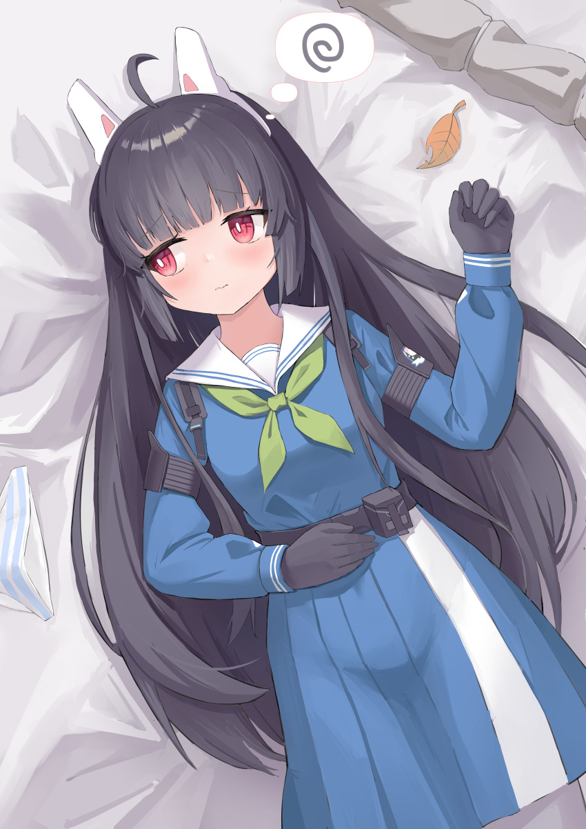 1girl 3: absurdres ahoge black_gloves black_hair blue_archive blue_serafuku blue_shirt blue_skirt blunt_bangs blunt_ends blush bright_pupils chinese_commentary closed_mouth commentary_request dutch_angle embarrassed fengxue from_above frown gloves green_neckerchief hand_up highres long_hair looking_to_the_side miyu_(blue_archive) neckerchief panties pleated_skirt red_eyes sailor_collar school_uniform serafuku shirt sidelocks skirt solo straight_hair striped striped_panties thought_bubble underwear unworn_panties very_long_hair white_pupils white_sailor_collar