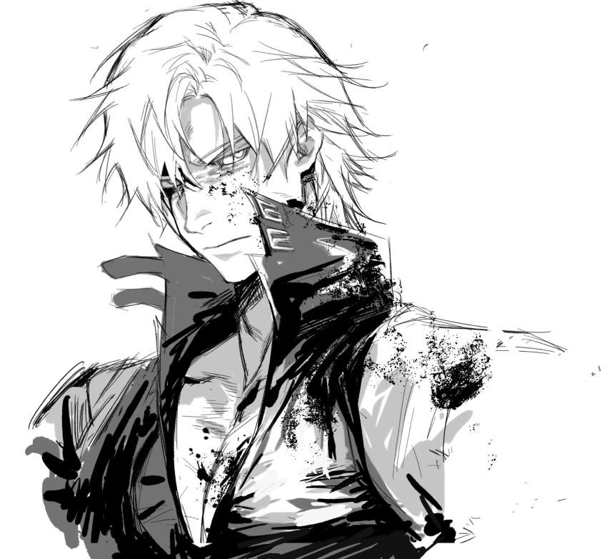1boy annoyed bishounen blood blood_on_clothes blood_on_face dante_(devil_may_cry) devil_may_cry_(series) devil_may_cry_2 greyscale hair_over_one_eye highres long_hair male_focus monochrome orr2kln3tjteydj simple_background solo