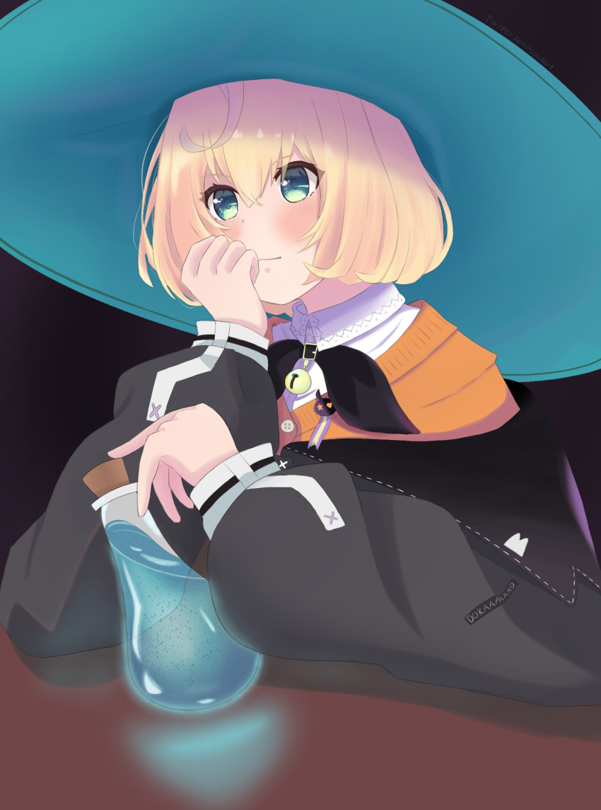 1girl artist_request black_background blonde_hair blue_eyes closed_mouth corked_bottle hand_on_own_face hat highres long_sleeves millie_parfait nijisanji nijisanji_en non-web_source potion solo source_request virtual_youtuber witch_hat