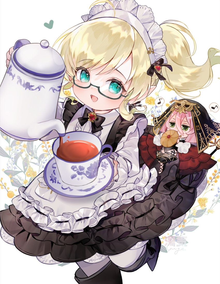 2girls apron black_bow black_bowtie black_dress black_footwear black_veil blonde_hair bow bowtie cookie cup dress eating eyebrows_hidden_by_hair feet_out_of_frame final_fantasy final_fantasy_xiv food frilled_apron frilled_dress frills glass glasses gold_trim green_eyes hair_between_eyes heart highres holding holding_cookie holding_cup holding_food holding_teapot lalafell looking_at_another looking_at_viewer maid maid_apron maid_headdress mini_person minigirl multiple_girls musical_note necromancer_(final_fantasy) open_mouth pantyhose pink_hair ponytail pouring short_hair smile spoken_musical_note teacup teapot veil warrior_of_light_(ff14) white_pantyhose yuge_(mkmk)