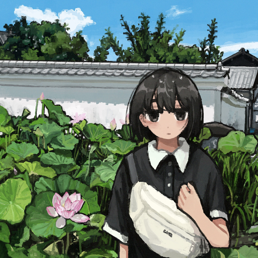 1girl absurdres architecture blue_sky building clouds east_asian_architecture highres lily_pad original polo_shirt scenery sky solo uniunimikan water_lily_flower