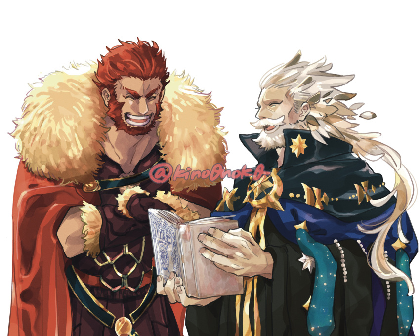 2boys beard book cape closed_eyes crossed_arms facial_hair fate/grand_order fate_(series) fur-trimmed_cape fur_trim grey_hair highres holding holding_book iskandar_(fate) kino0nok0 laughing male_focus multiple_boys ptolemy_(fate) redhead robe twitter_username white_background