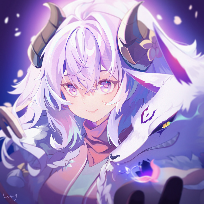 1girl breasts closed_mouth gradient_background grin hair_between_eyes hand_up highres horns kindred_(league_of_legends) lamb_(league_of_legends) large_breasts league_of_legends long_hair petals pink_eyes purple_background sharp_teeth smile solo spirit_blossom_kindred teeth upper_body wing_(39_miku831) wolf_(league_of_legends)