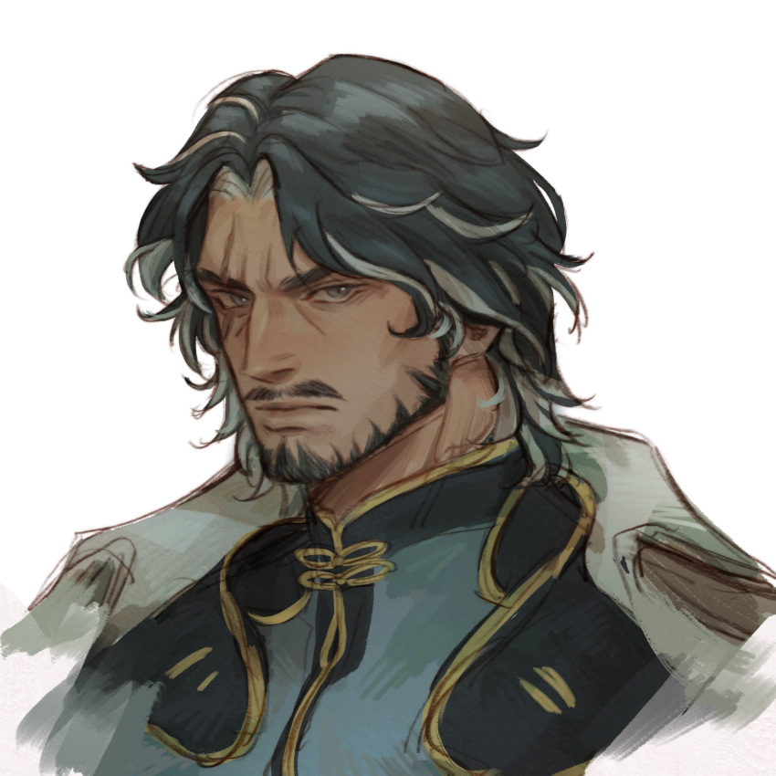 1boy beard character_request cropped_torso facial_hair frown full_beard green_hair highres koitotwt looking_at_viewer male_focus mature_male multicolored_hair mustache scar scar_across_eye short_hair solo streaked_hair thick_eyebrows white_hair wuthering_waves
