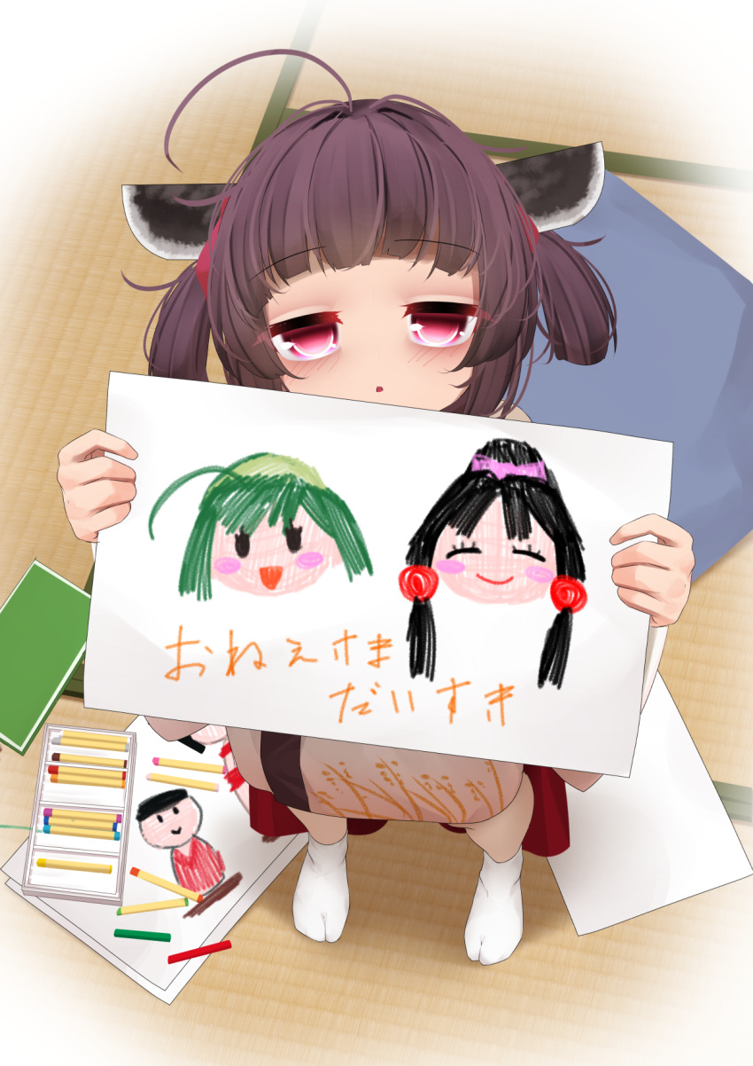 1girl :o aged_down ahoge border brown_hair child child's_drawing commentary_request crayon fading_border from_above full_body half-closed_eyes hands_up headgear highres holding_drawing japanese_clothes kimono looking_at_viewer looking_up ne_an_ito no_shoes pink_eyes short_twintails socks solo tabi tatami touhoku_itako touhoku_kiritan touhoku_zunko translation_request twintails voiceroid white_kimono white_socks