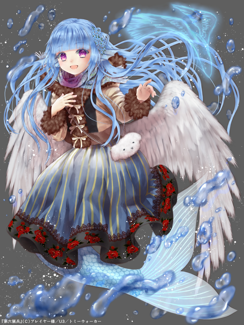 1girl blue_hair character_request copyright_notice dairoku_ryouhei feathered_wings fins flower fur-trimmed_jacket fur_trim grey_background hair_flower hair_ornament head_fins highres jacket long_hair long_sleeves mermaid monster_girl official_art open_mouth scarf skirt solo striped striped_skirt u3_(pixiv832164) vertical-striped_skirt vertical_stripes violet_eyes white_wings wings