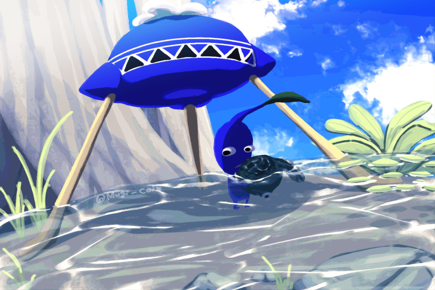 black_eyes blue_pikmin blue_skirt blue_sky clouds commentary_request creature day grass highres holding holding_creature leaf lily_pad looking_down no_humans onion_(pikmin) outdoors partially_submerged pikmin_(creature) pikmin_(series) skirt sky solo tadpole tree twitter_username usuba_(hatomugip) wogpole