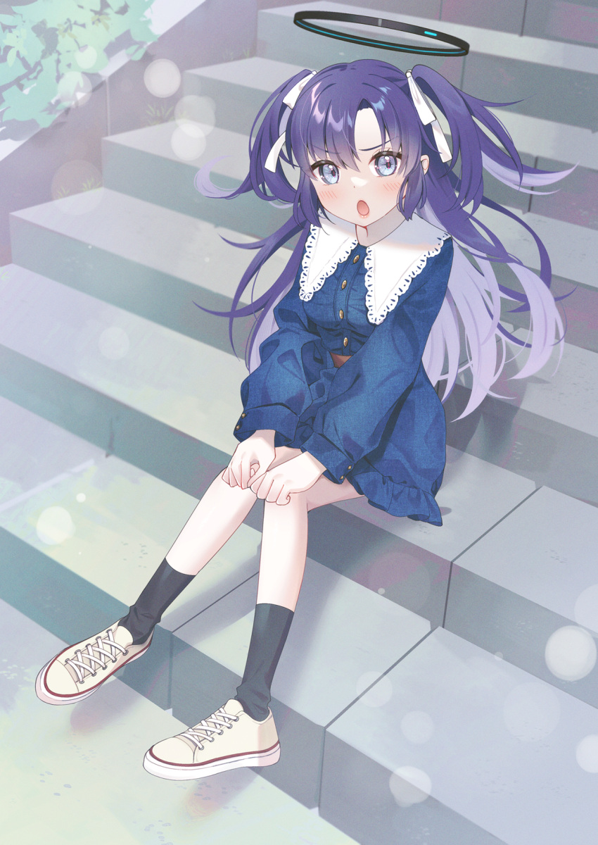 1girl black_socks blue_archive blue_dress blush dress full_body halo highres kurape_(pat1na) long_hair long_sleeves looking_at_viewer mechanical_halo open_mouth purple_hair shoes sitting sitting_on_stairs socks solo stairs two_side_up violet_eyes white_footwear yuuka_(blue_archive)