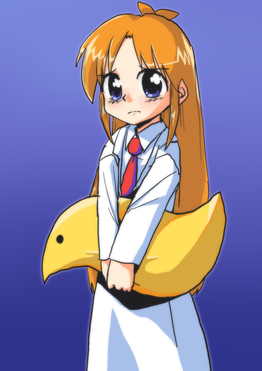 1990s_(style) 1girl absurdres blonde_hair blue_background blush coat commentary fukuokasaga gradient_background highres holding holding_toy lab_coat long_hair looking_at_viewer necktie nichijou own_hands_together professor_shinonome red_necktie retro_artstyle shirt sidelocks solo toy violet_eyes white_coat white_shirt